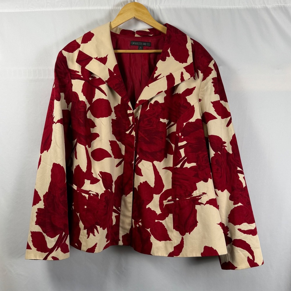 Lafayette 148 Graphic Floral Rose Button Front Blazer Cotton Cream Red Womens 24